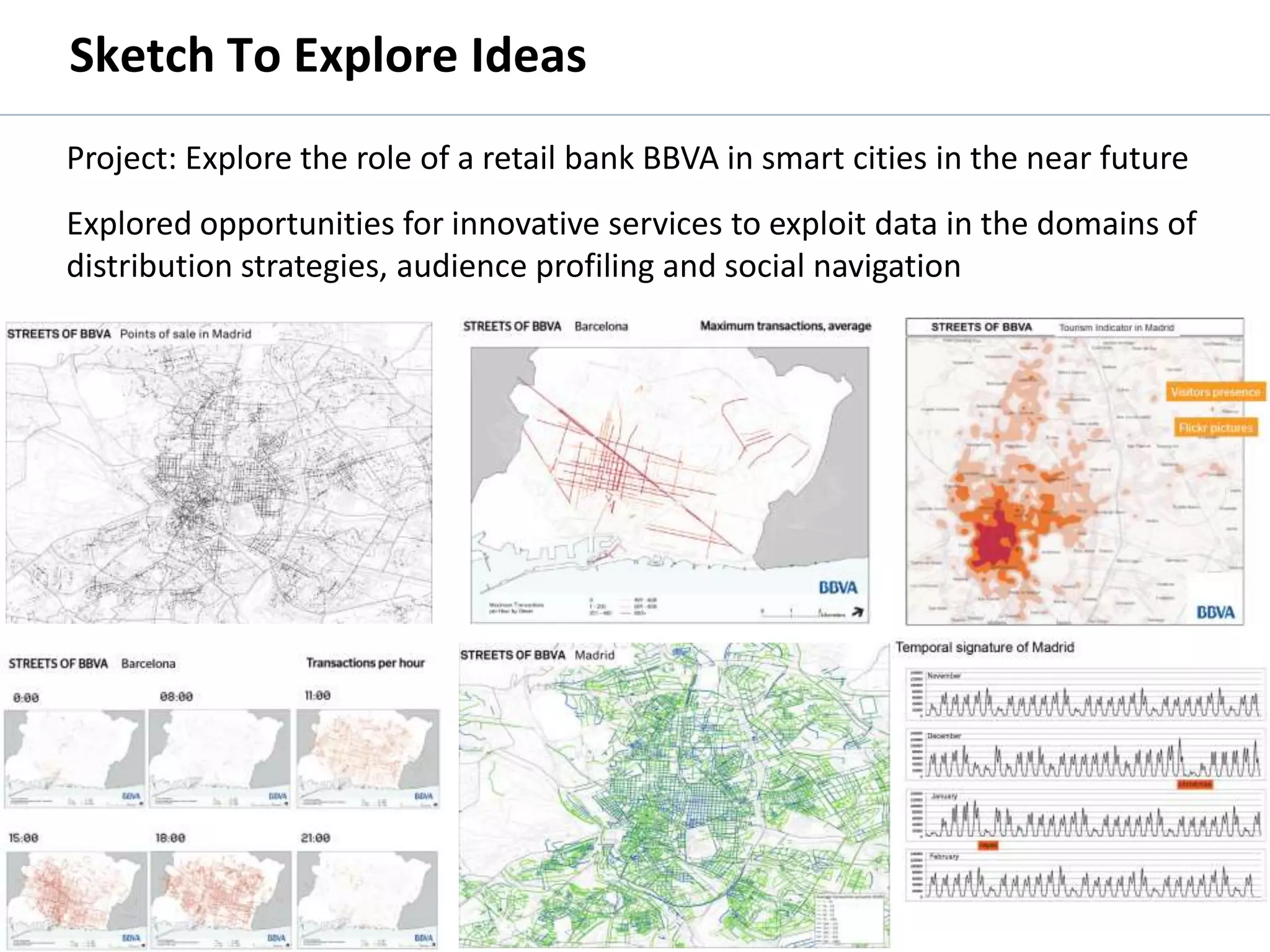Sketch To Explore Ideas
         Project: Explore the role of a retail bank BBVA in smart cities in the near future
         Explored opportunities for innovative services to exploit data in the domains of
         distribution strategies, audience profiling and social navigation




© 2011 Oculus Info Inc.                          49
 