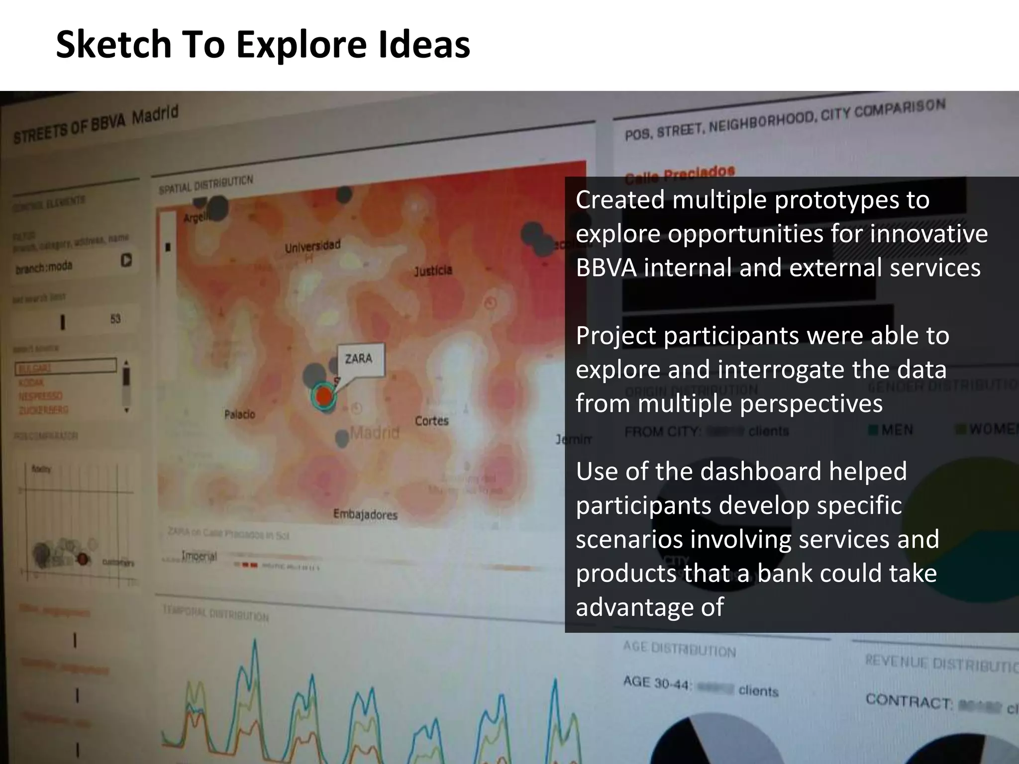 Sketch To Explore Ideas


                                        Created multiple prototypes to
                                        explore opportunities for innovative
                                        BBVA internal and external services

                                        Project participants were able to
                                        explore and interrogate the data
                                        from multiple perspectives

                                        Use of the dashboard helped
                                        participants develop specific
                                        scenarios involving services and
                                        products that a bank could take
                                        advantage of




© 2011 Oculus Info Inc.            50
 