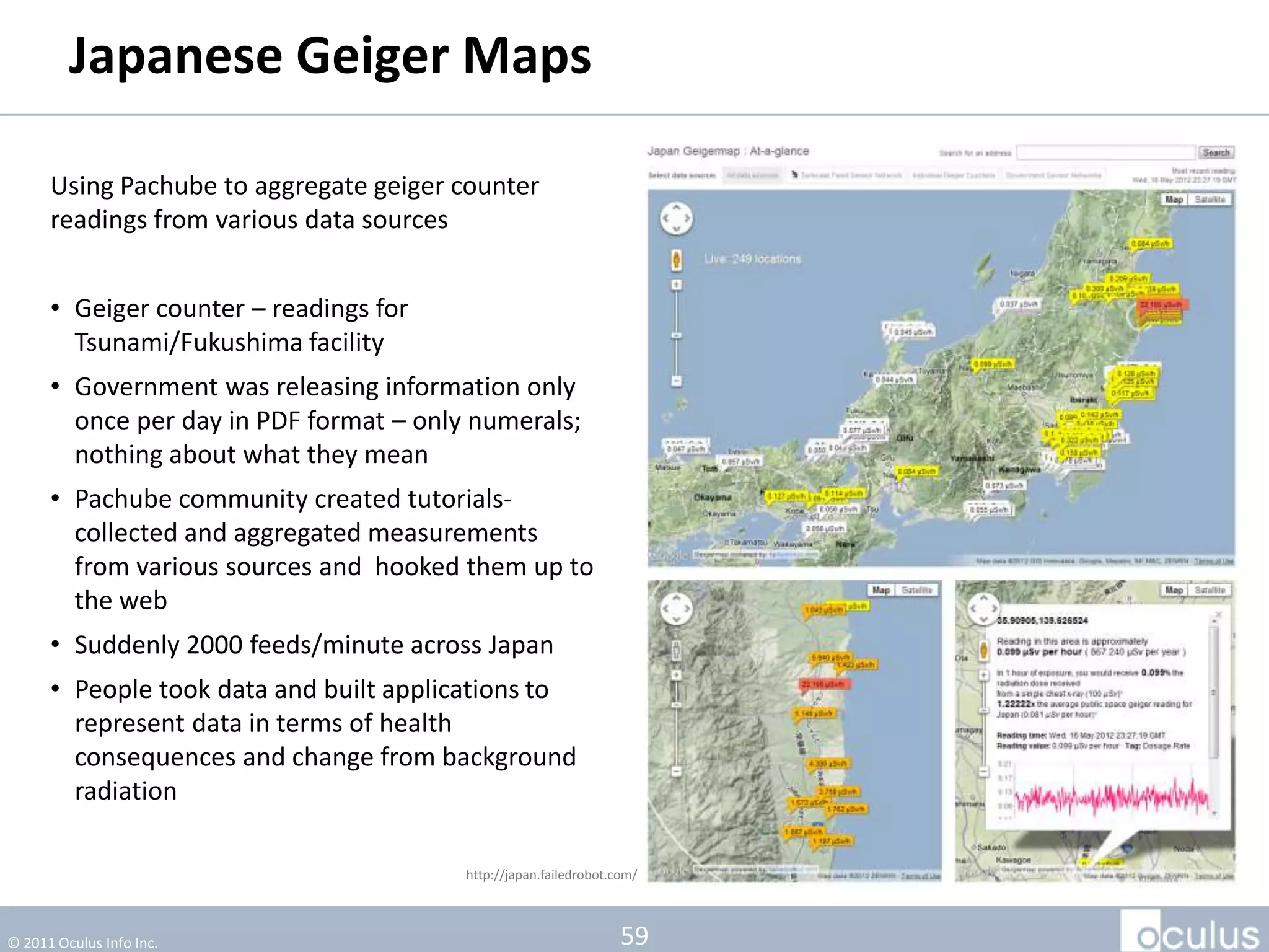 Japanese Geiger Maps

      Using Pachube to aggregate geiger counter
      readings from various data sources


      • Geiger counter – readings for
        Tsunami/Fukushima facility
      • Government was releasing information only
        once per day in PDF format – only numerals;
        nothing about what they mean
      • Pachube community created tutorials-
        collected and aggregated measurements
        from various sources and hooked them up to
        the web
      • Suddenly 2000 feeds/minute across Japan
      • People took data and built applications to
        represent data in terms of health
        consequences and change from background
        radiation

                                         http://japan.failedrobot.com/



© 2011 Oculus Info Inc.                                            59
 