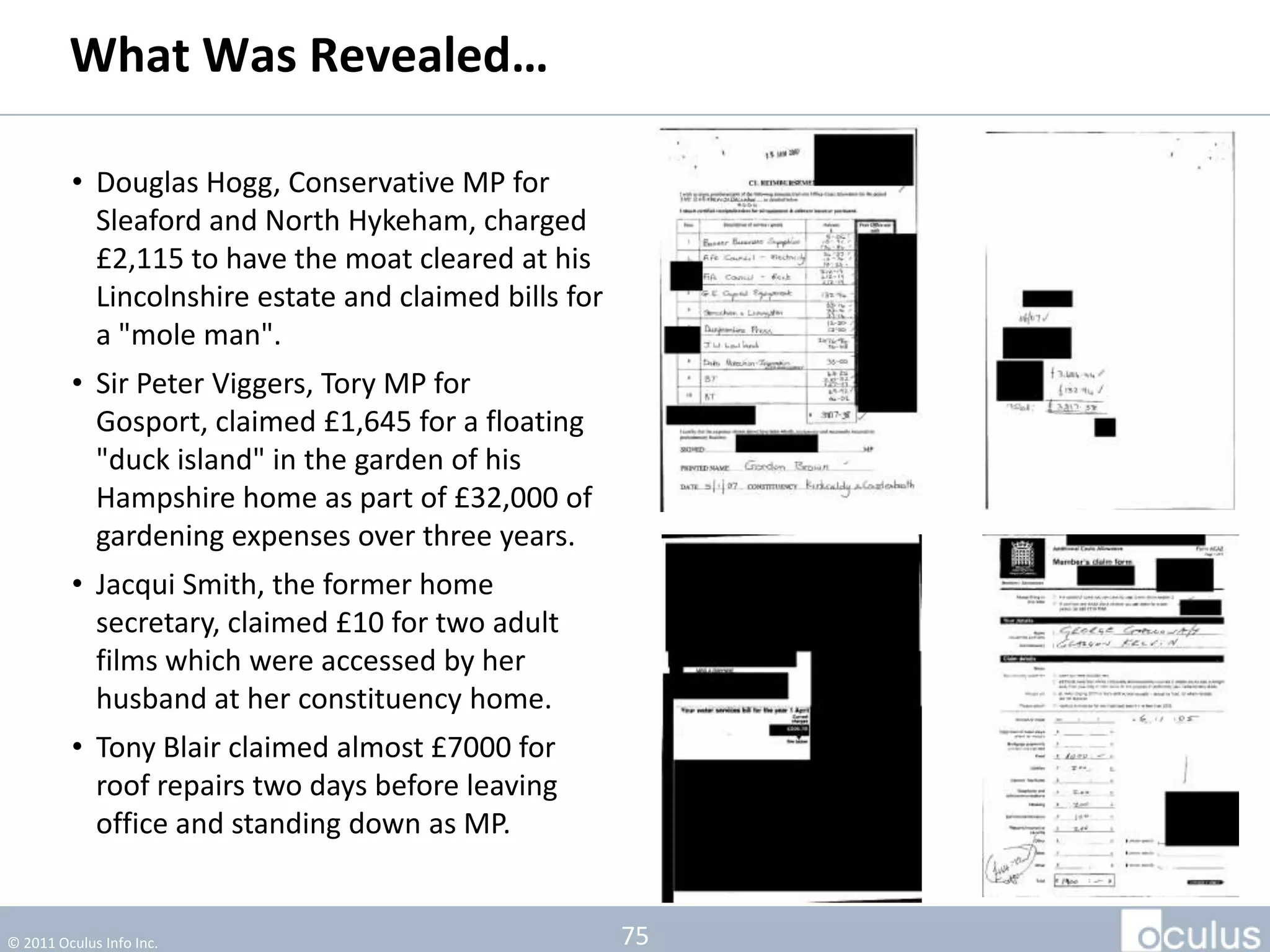 What Was Revealed…

         • Douglas Hogg, Conservative MP for
           Sleaford and North Hykeham, charged
           £2,115 to have the moat cleared at his
           Lincolnshire estate and claimed bills for
           a "mole man".
         • Sir Peter Viggers, Tory MP for
           Gosport, claimed £1,645 for a floating
           "duck island" in the garden of his
           Hampshire home as part of £32,000 of
           gardening expenses over three years.
         • Jacqui Smith, the former home
           secretary, claimed £10 for two adult
           films which were accessed by her
           husband at her constituency home.
         • Tony Blair claimed almost £7000 for
           roof repairs two days before leaving
           office and standing down as MP.


© 2011 Oculus Info Inc.                                75
 