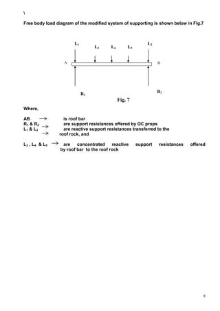 8

Free body load diagram of the modified system of supporting is shown below in Fig.7
Where,
AB is roof bar
R1 & R2 are support resistances offered by OC props
L1 & L2 are reactive support resistances transferred to the
roof rock, and
L3 , L4 & L5 are concentrated reactive support resistances offered
by roof bar to the roof rock
L1
L3 L4 L5
L2
BA
Fig. 7
R2
R1
 