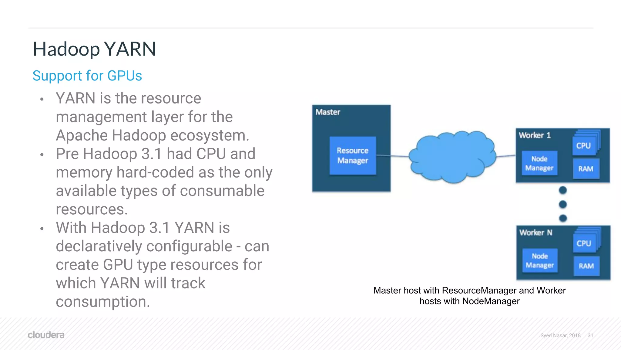 Syed Nasar, 2018 31 • YARN is the resource management layer for the Apache Hadoop ecosystem. • Pre Hadoop 3.1 had CPU and memory hard-coded as the only available types of consumable resources. • With Hadoop 3.1 YARN is declaratively configurable - can create GPU type resources for which YARN will track consumption. Hadoop YARN Support for GPUs Master host with ResourceManager and Worker hosts with NodeManager 