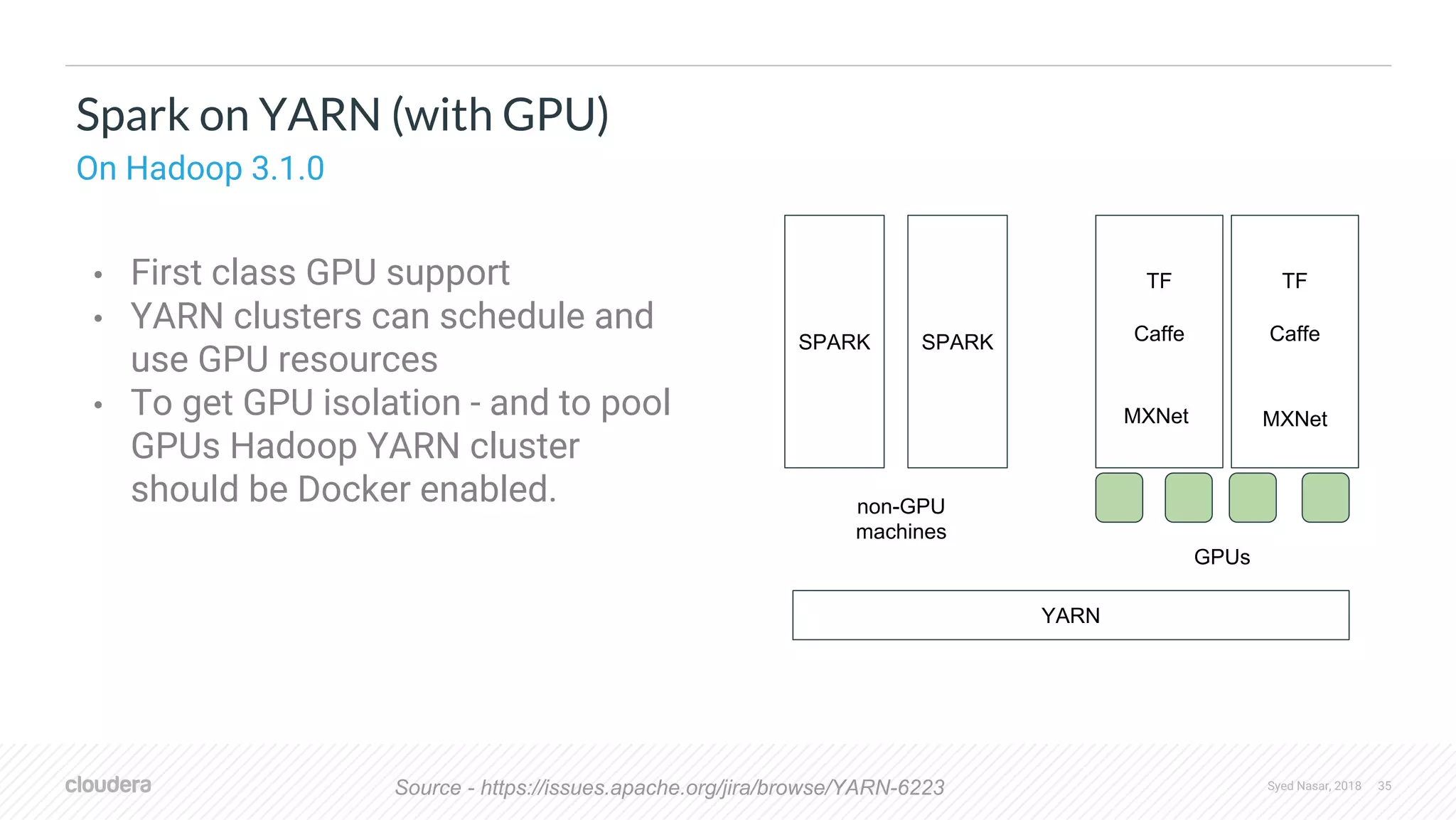 Syed Nasar, 2018 35 Spark on YARN (with GPU) On Hadoop 3.1.0 • First class GPU support • YARN clusters can schedule and use GPU resources • To get GPU isolation - and to pool GPUs Hadoop YARN cluster should be Docker enabled. Source - https://issues.apache.org/jira/browse/YARN-6223 SPARK YARN GPUs TF Caffe MXNet Caffe TF SPARK MXNet non-GPU machines 