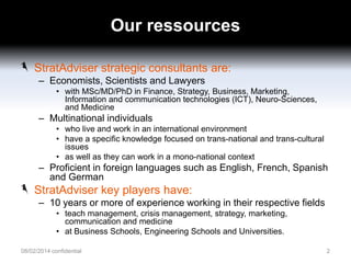 Our ressources
StratAdviser strategic consultants are:
– Economists, Scientists and Lawyers
• with MSc/MD/PhD in Finance, Strategy, Business, Marketing,
Information and communication technologies (ICT), Neuro-Sciences,
and Medicine

– Multinational individuals
• who live and work in an international environment
• have a specific knowledge focused on trans-national and trans-cultural
issues
• as well as they can work in a mono-national context

– Proficient in foreign languages such as English, French, Spanish
and German

StratAdviser key players have:
– 10 years or more of experience working in their respective fields
• teach management, crisis management, strategy, marketing,
communication and medicine
• at Business Schools, Engineering Schools and Universities.
08/02/2014 confidential

2

 