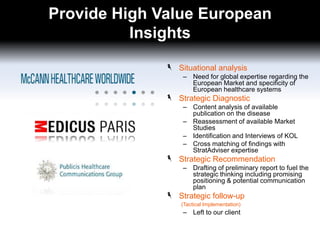 Provide High Value European
Insights
Situational analysis
– Need for global expertise regarding the
European Market and specificity of
European healthcare systems

Strategic Diagnostic
– Content analysis of available
publication on the disease
– Reassessment of available Market
Studies
– Identification and Interviews of KOL
– Cross matching of findings with
StratAdviser expertise

Strategic Recommendation
– Drafting of preliminary report to fuel the
strategic thinking including promising
positioning & potential communication
plan

Strategic follow-up
(Tactical Implementation)

– Left to our client

 