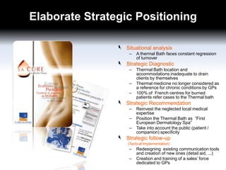 Elaborate Strategic Positioning
Situational analysis
–

A thermal Bath faces constant regression
of turnover

Strategic Diagnostic
–
–
–

Thermal Bath location and
accommodations inadequate to drain
clients by themselves
Thermal medicine no longer considered as
a reference for chronic conditions by GPs
100% of French centres for burned
patients refer cases to the Thermal bath

Strategic Recommendation
–
–
–

Reinvest the neglected local medical
expertise
Position the Thermal Bath as “First
European Dermatology Spa”
Take into account the public (patient /
companion) specificity

Strategic follow-up
(Tactical Implementation)

–
–

Redesigning existing communication tools
and creation of new ones (detail aid, ...)
Creation and training of a sales’ force
dedicated to GPs

 
