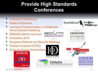 Provide High Standards
Conferences
Lectures & Workshops
Institut of Directors
Journal of Communication in Healthcare
Henry Stewart Publishing
ESReDA (Alstom seminar)
Eurosatory 2010
European Defence and Security Meetings
Paroles d’experts HCFDC
Ecole de Guerre Economique

08/02/2014 confidential

33

 