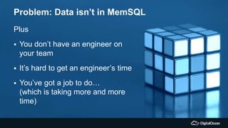 Problem: Data isn’t in MemSQL
Plus
 You don’t have an engineer on
your team
 It’s hard to get an engineer’s time
 You’ve got a job to do…
(which is taking more and more
time)
 