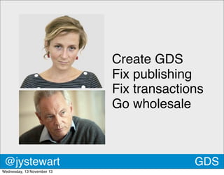 Create GDS
Fix publishing
Fix transactions
Go wholesale

@jystewart
Wednesday, 13 November 13

GDS

 
