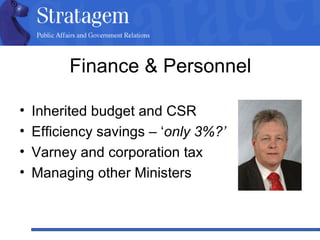 Finance & Personnel Inherited budget and CSR Efficiency savings – ‘ only 3%?’ Varney and corporation tax Managing other Ministers 