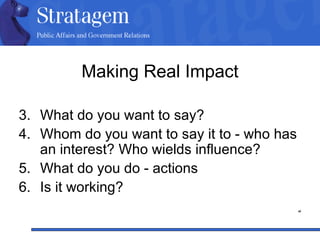 Making Real Impact What do you want to say?  Whom do you want to say it to - who has an interest? Who wields influence?  What do you do - actions Is it working?  “ 