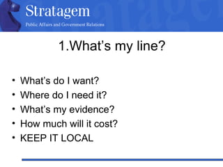 1.What’s my line? What’s do I want?  Where do I need it?  What’s my evidence?  How much will it cost?  KEEP IT LOCAL 