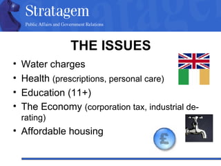 THE ISSUES Water charges Health  (prescriptions, personal care)   Education (11+) The Economy  (corporation tax, industrial de-rating) Affordable housing 