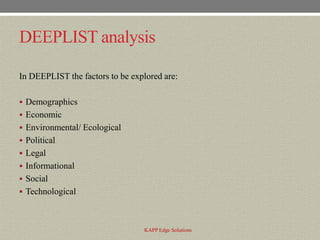DEEPLIST analysis

In DEEPLIST the factors to be explored are:

 Demographics
 Economic
 Environmental/ Ecological
 Political
 Legal
 Informational
 Social
 Technological



                                 KAPP Edge Solutions
 