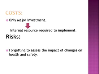  Only Major Investment.
Internal resource required to implement.
Risks:
 Forgetting to assess the impact of changes on
health and safety.
 
