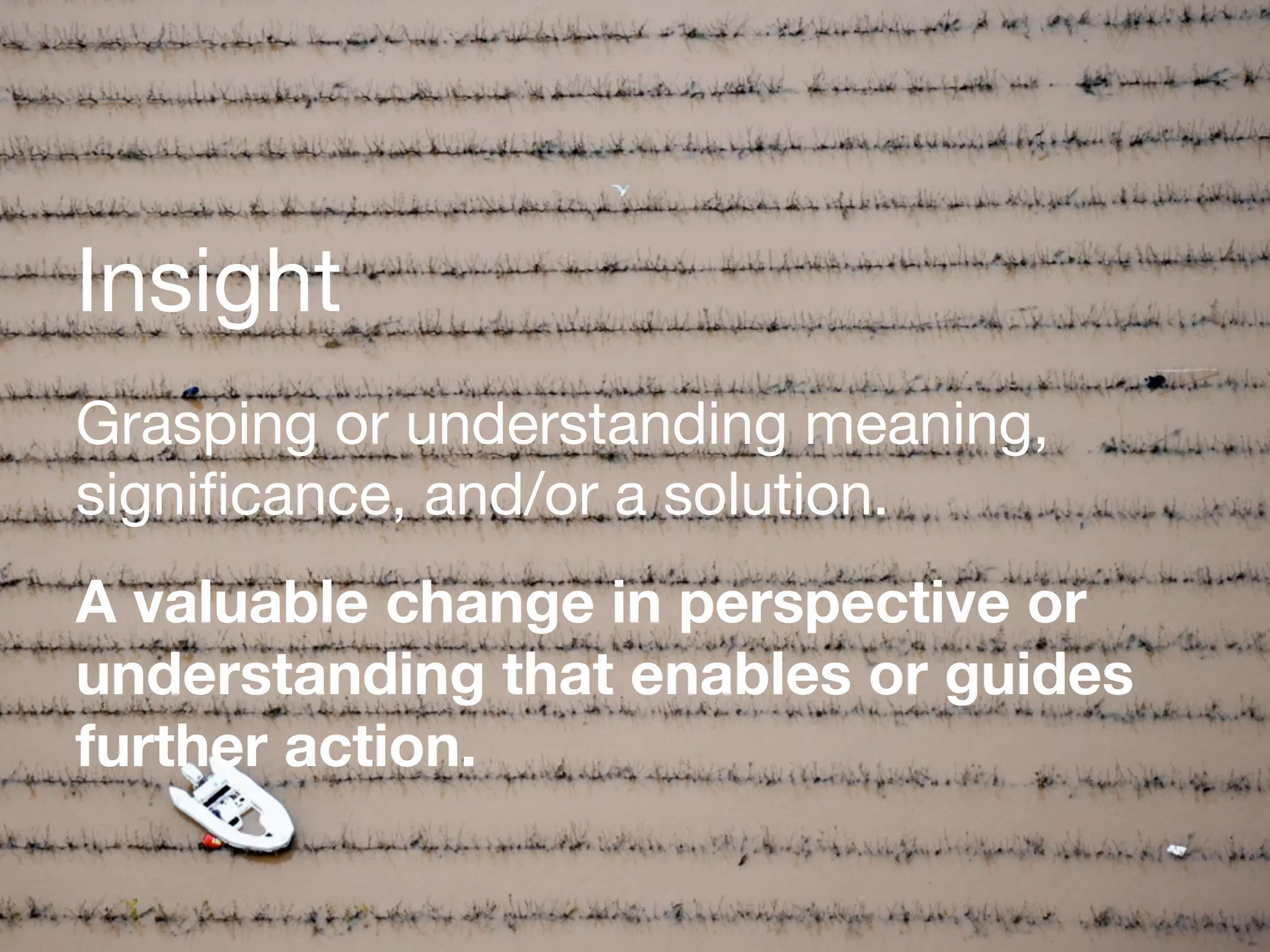 Insight
Grasping or understanding meaning,
signiﬁcance, and/or a solution.
A valuable change in perspective or
understanding that enables or guides
further action.
 