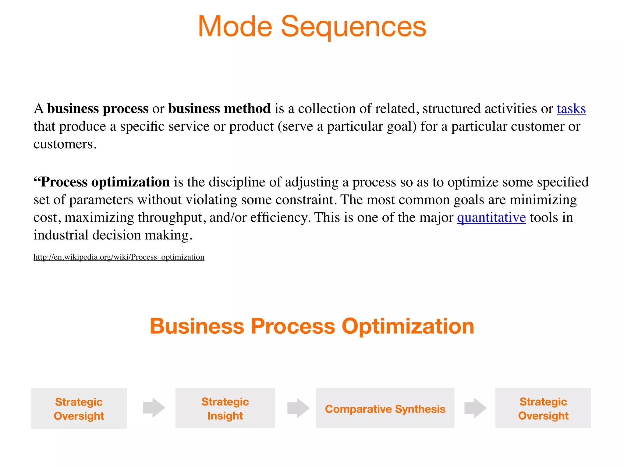 Mode Sequences

A business process or business method is a collection of related, structured activities or tasks
that produce a speciﬁc service or product (serve a particular goal) for a particular customer or
customers.

“Process optimization is the discipline of adjusting a process so as to optimize some speciﬁed
set of parameters without violating some constraint. The most common goals are minimizing
cost, maximizing throughput, and/or efﬁciency. This is one of the major quantitative tools in
industrial decision making.
http://en.wikipedia.org/wiki/Process_optimization




                                 Business Process Optimization


     Strategic                                  Strategic                           Strategic
                                                            Comparative Synthesis
     Oversight                                   Insight                            Oversight
 