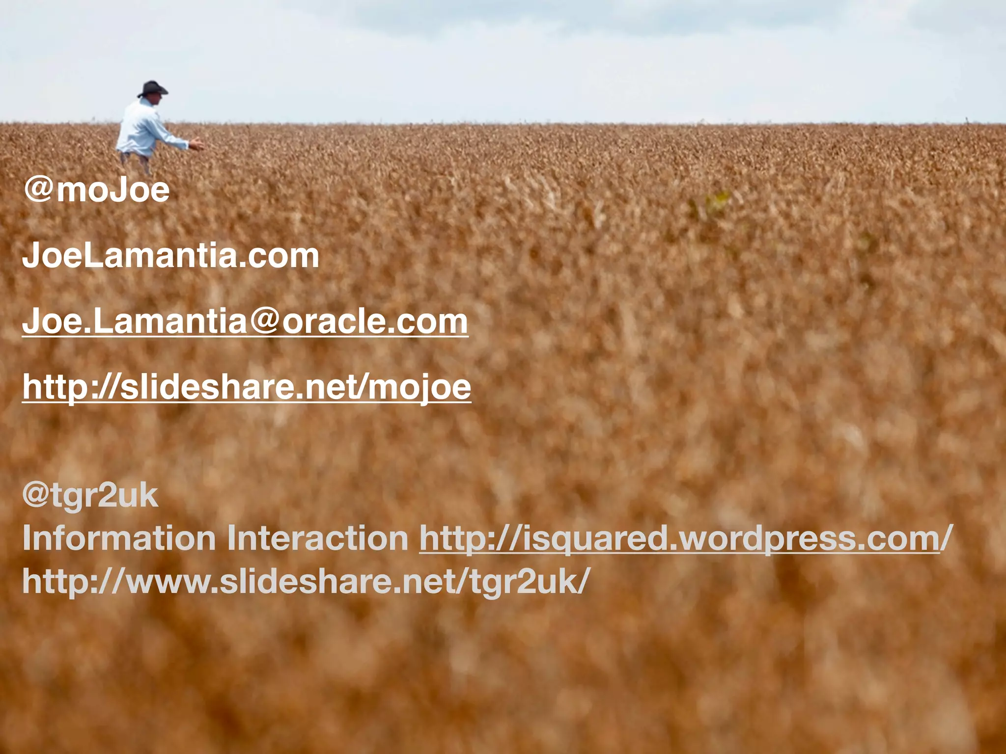 @moJoe
JoeLamantia.com
Joe.Lamantia@oracle.com
http://slideshare.net/mojoe


@tgr2uk
Information Interaction http://isquared.wordpress.com/
http://www.slideshare.net/tgr2uk/
 