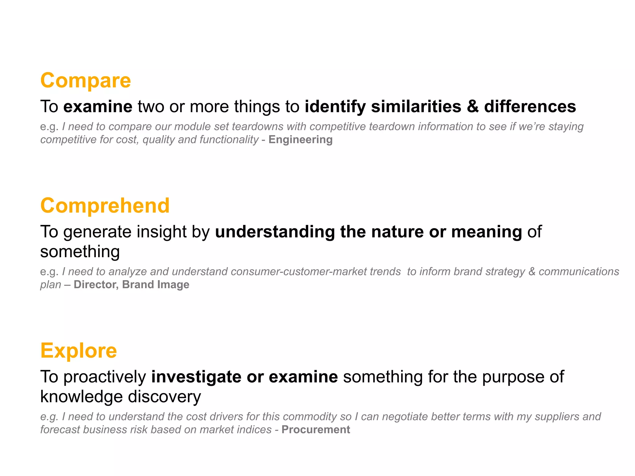 Compare
To examine two or more things to identify similarities & differences
e.g. I need to compare our module set teardowns with competitive teardown information to see if we’re staying
competitive for cost, quality and functionality - Engineering




Comprehend
To generate insight by understanding the nature or meaning of
something
e.g. I need to analyze and understand consumer-customer-market trends to inform brand strategy & communications
plan – Director, Brand Image




Explore
To proactively investigate or examine something for the purpose of
knowledge discovery
e.g. I need to understand the cost drivers for this commodity so I can negotiate better terms with my suppliers and
forecast business risk based on market indices - Procurement
 