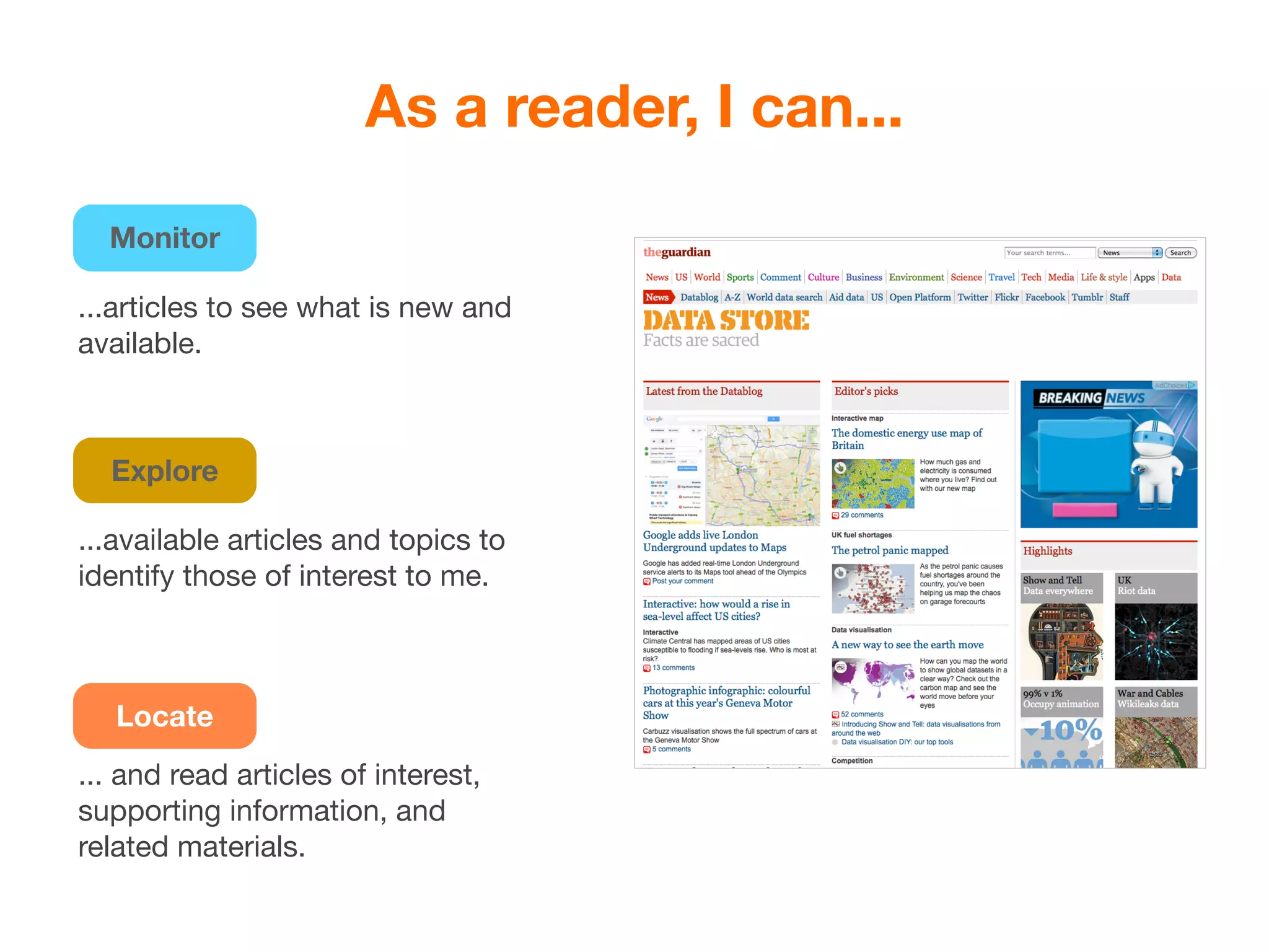 As a reader, I can...

  Monitor

...articles to see what is new and
available.



  Explore

...available articles and topics to
identify those of interest to me.



   Locate
... and read articles of interest,
supporting information, and
related materials.
 