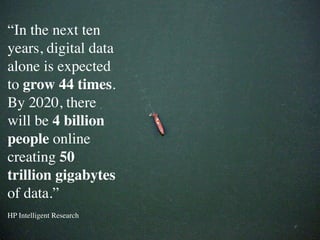 “In the next ten
years, digital data
alone is expected
to grow 44 times.
By 2020, there
will be 4 billion
people online
creating 50
trillion gigabytes
of data.”
HP Intelligent Research
 