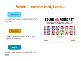 When I use the tool, I can...
       Monitor

...currently popular colors over useful
intervals




       Explore

...currently popular colors, or colors
popular in the past



        Verify

That a color is popular now or in the
past
 