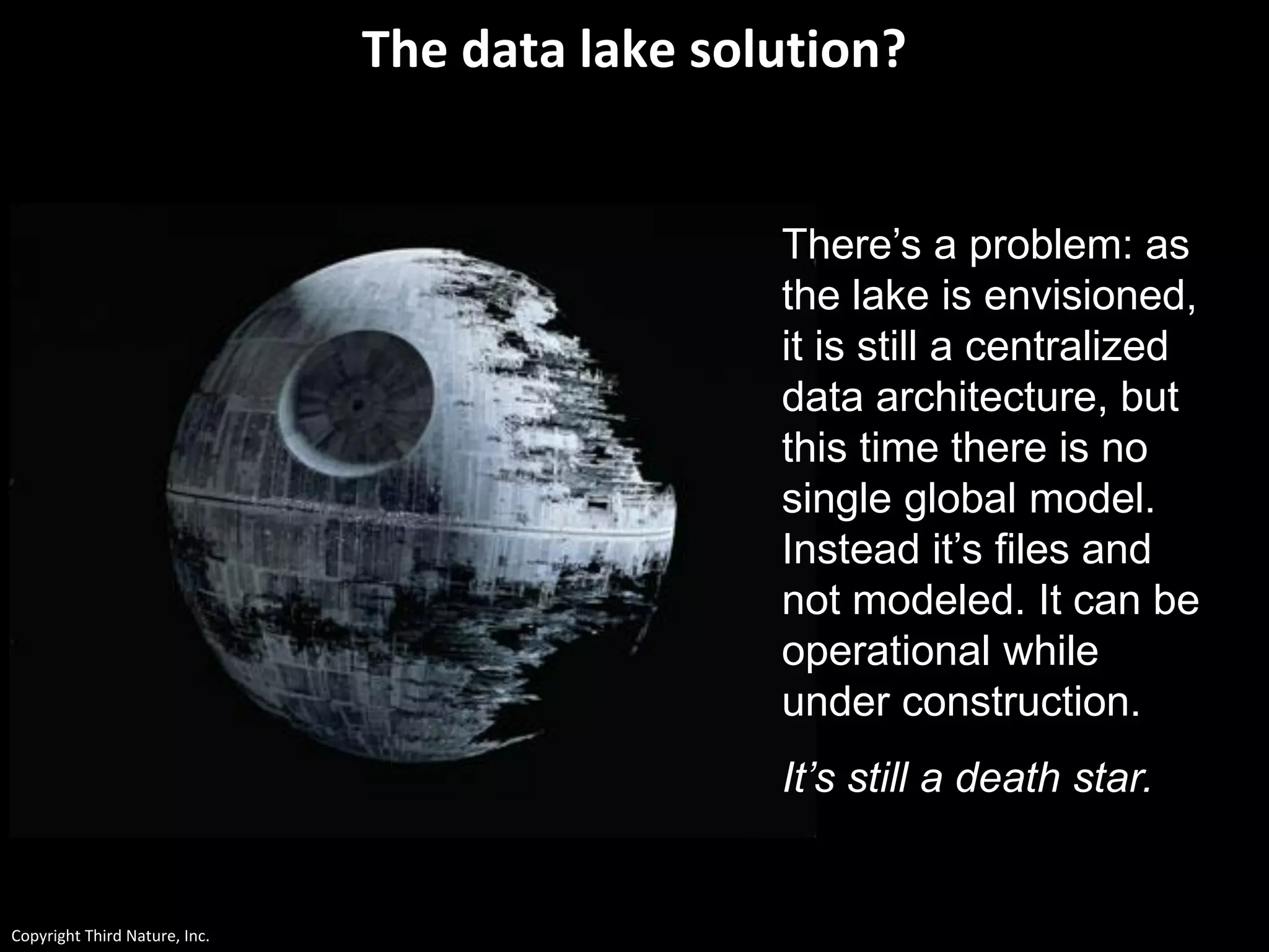 Copyright Third Nature, Inc.
The data lake solution?
There’s a problem: as
the lake is envisioned,
it is still a centralized
data architecture, but
this time there is no
single global model.
Instead it’s files and
not modeled. It can be
operational while
under construction.
It’s still a death star.
 