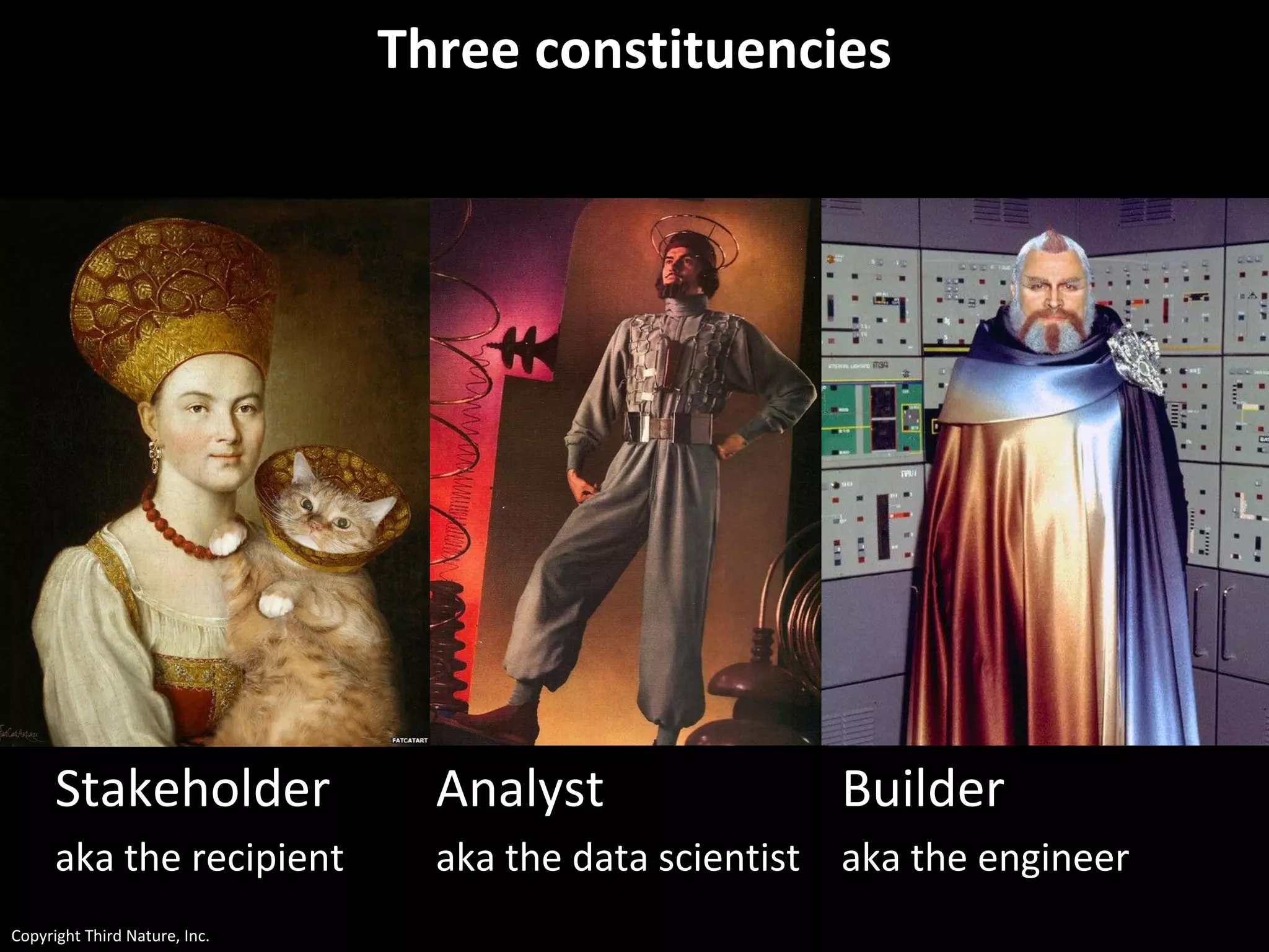 Copyright Third Nature, Inc.
Three constituencies
Stakeholder Analyst Builder
aka the recipient aka the data scientist aka the engineer
 