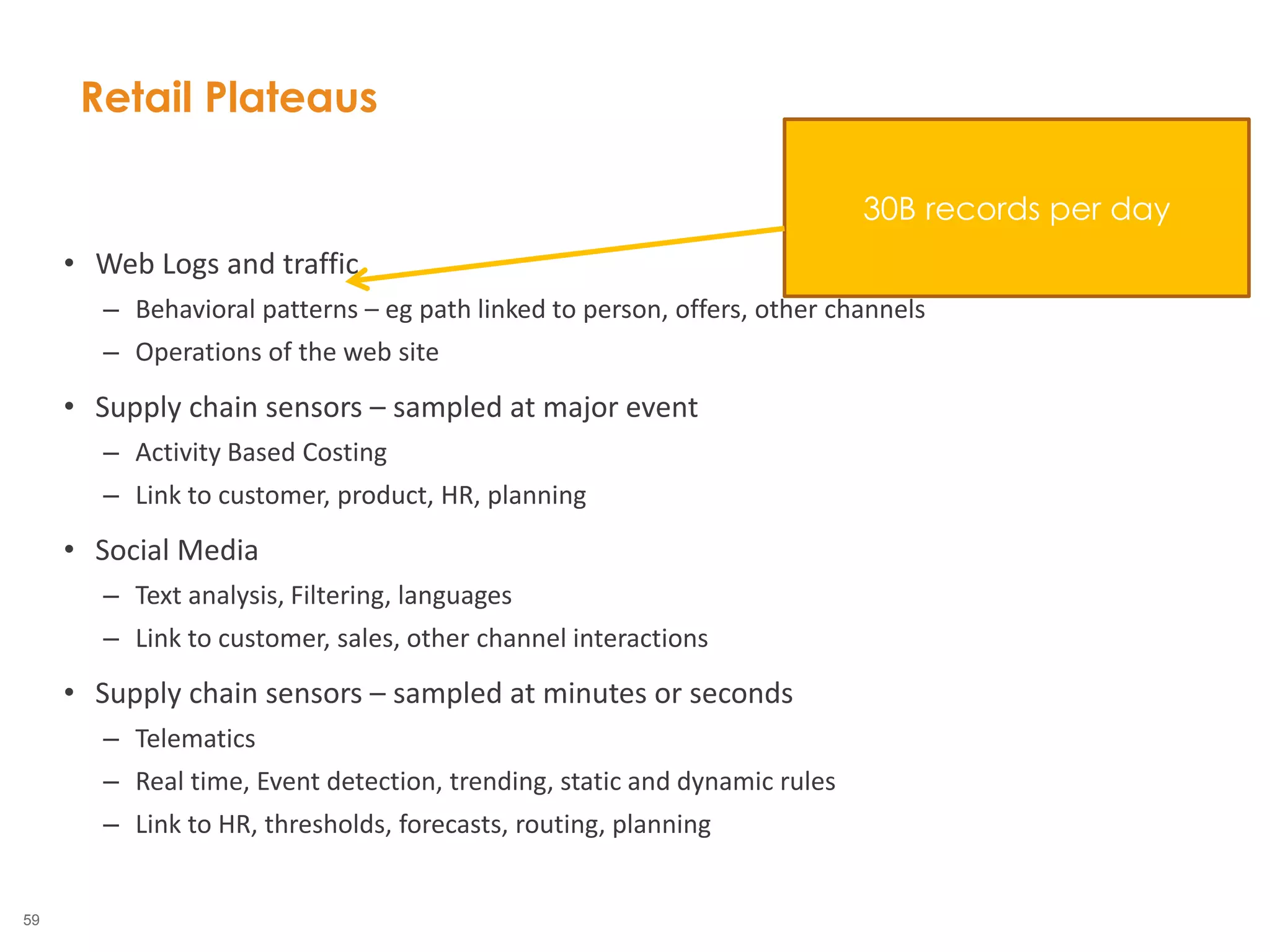 59
• Web Logs and traffic
– Behavioral patterns – eg path linked to person, offers, other channels
– Operations of the web site
• Supply chain sensors – sampled at major event
– Activity Based Costing
– Link to customer, product, HR, planning
• Social Media
– Text analysis, Filtering, languages
– Link to customer, sales, other channel interactions
• Supply chain sensors – sampled at minutes or seconds
– Telematics
– Real time, Event detection, trending, static and dynamic rules
– Link to HR, thresholds, forecasts, routing, planning
Retail Plateaus
30B records per day
 