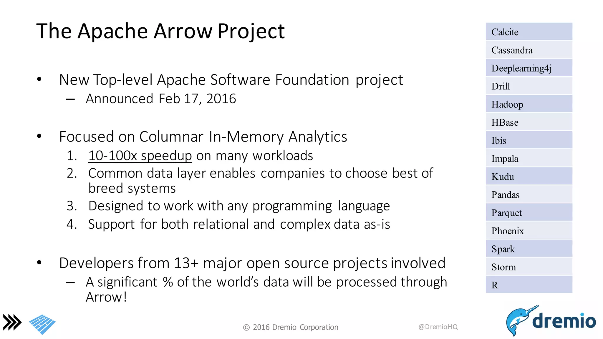 ©  2016 Dremio  Corporation @DremioHQ
The	
  Apache	
  Arrow	
  Project
• New	
  Top-­‐level	
  Apache	
  Software	
  Foundation	
  project
– Announced	
  Feb	
  17,	
  2016
• Focused	
  on	
  Columnar	
  In-­‐Memory	
  Analytics
1. 10-­‐100x	
  speedup on	
  many	
  workloads
2. Common	
  data	
  layer	
  enables	
  companies	
  to	
  choose	
  best	
  of	
  
breed	
  systems	
  
3. Designed	
  to	
  work	
  with	
  any	
  programming	
   language
4. Support	
  for	
  both	
  relational	
  and	
  complex	
  data	
  as-­‐is
• Developers	
  from	
  13+	
  major	
  open	
  source	
  projects	
  involved
– A	
  significant	
  %	
  of	
  the	
  world’s	
  data	
  will	
  be	
  processed	
  through	
  
Arrow!
Calcite
Cassandra
Deeplearning4j
Drill
Hadoop
HBase
Ibis
Impala
Kudu
Pandas
Parquet
Phoenix
Spark
Storm
R
 