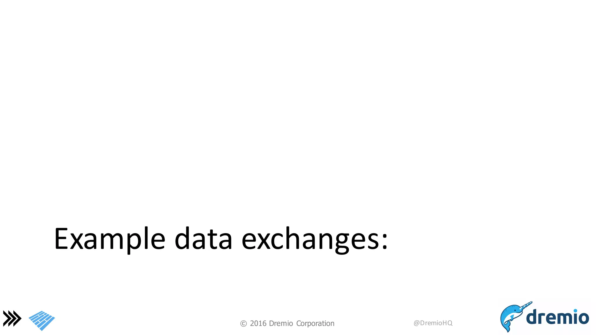 ©  2016 Dremio  Corporation @DremioHQ
Example	
  data	
  exchanges:
 