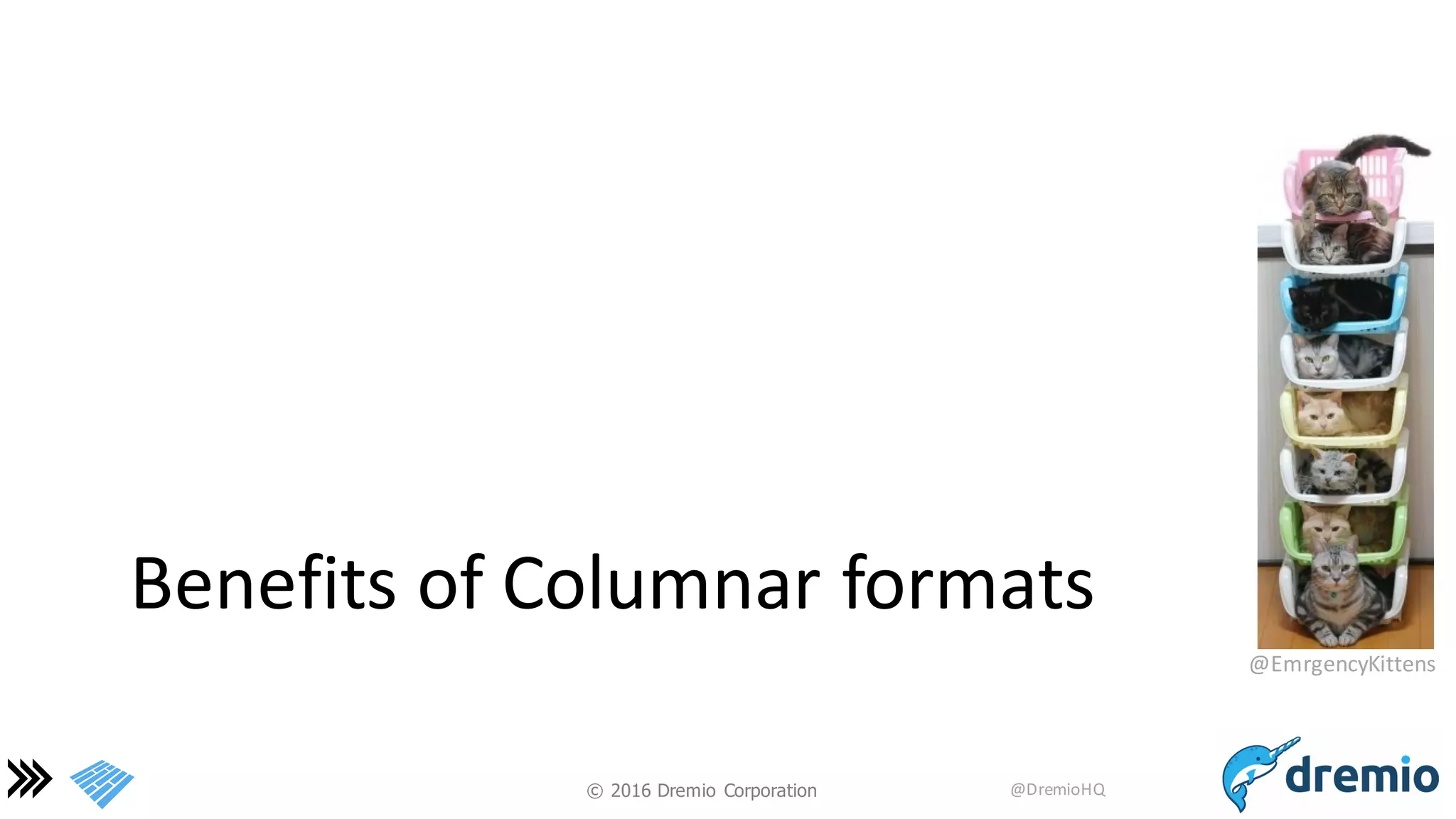 ©  2016 Dremio  Corporation @DremioHQ
Benefits	
  of	
  Columnar	
  formats
@EmrgencyKittens
 