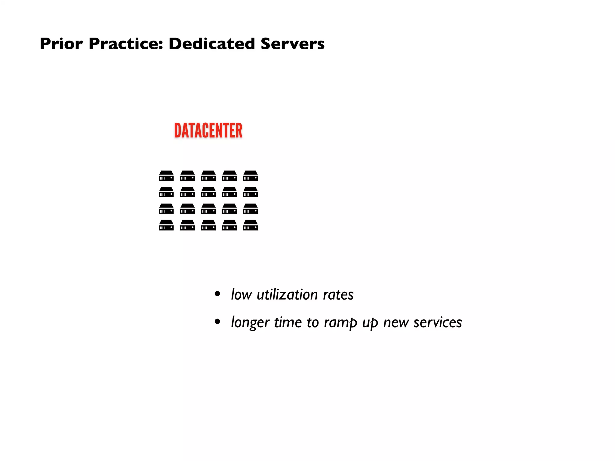 Prior Practice: Dedicated Servers	


DATACENTER

•
•

low utilization rates	

longer time to ramp up new services

 