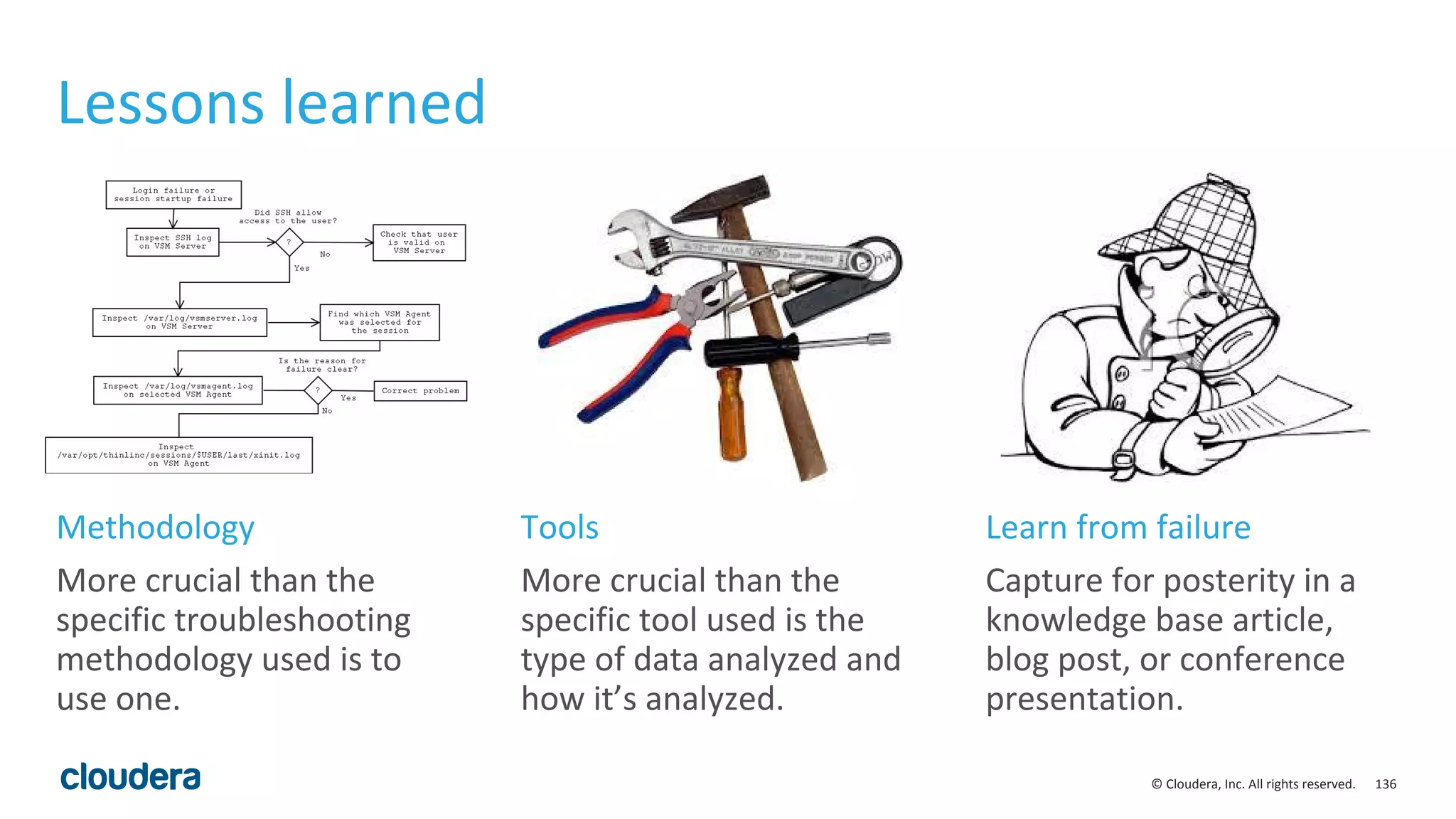 136© Cloudera, Inc. All rights reserved.
Lessons learned
More crucial than the
specific troubleshooting
methodology used is to
use one.
More crucial than the
specific tool used is the
type of data analyzed and
how it’s analyzed.
Capture for posterity in a
knowledge base article,
blog post, or conference
presentation.
Methodology Tools Learn from failure
 
