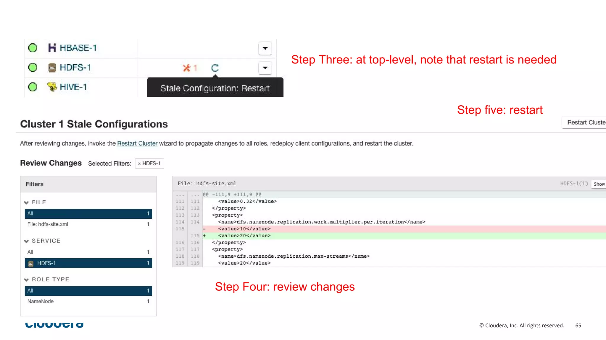 65© Cloudera, Inc. All rights reserved.
Step Three: at top-level, note that restart is needed
Step Four: review changes
Step five: restart
 