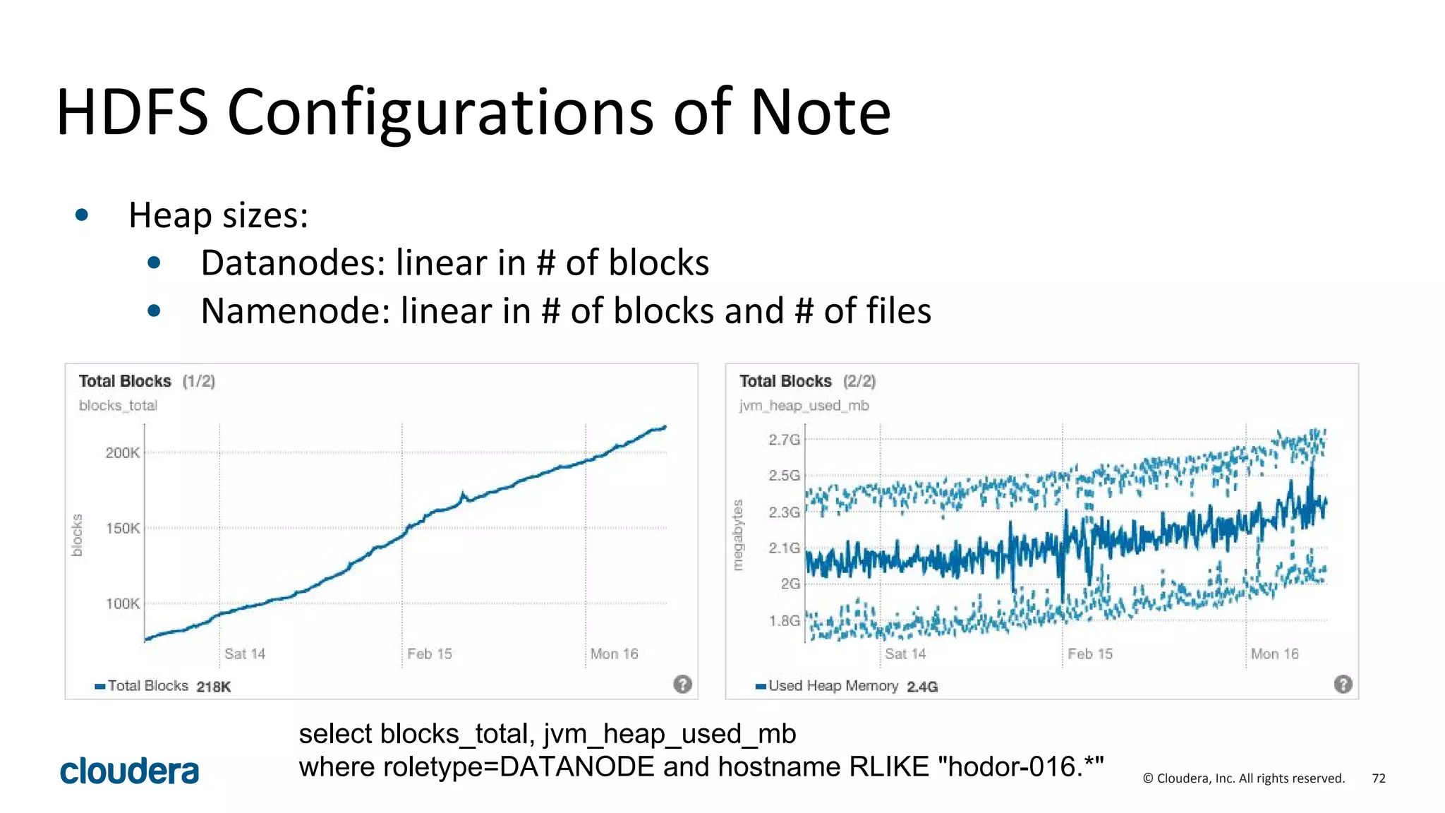 72© Cloudera, Inc. All rights reserved.
HDFS Configurations of Note
• Heap sizes:
• Datanodes: linear in # of blocks
• Namenode: linear in # of blocks and # of files
select blocks_total, jvm_heap_used_mb
where roletype=DATANODE and hostname RLIKE "hodor-016.*"
 