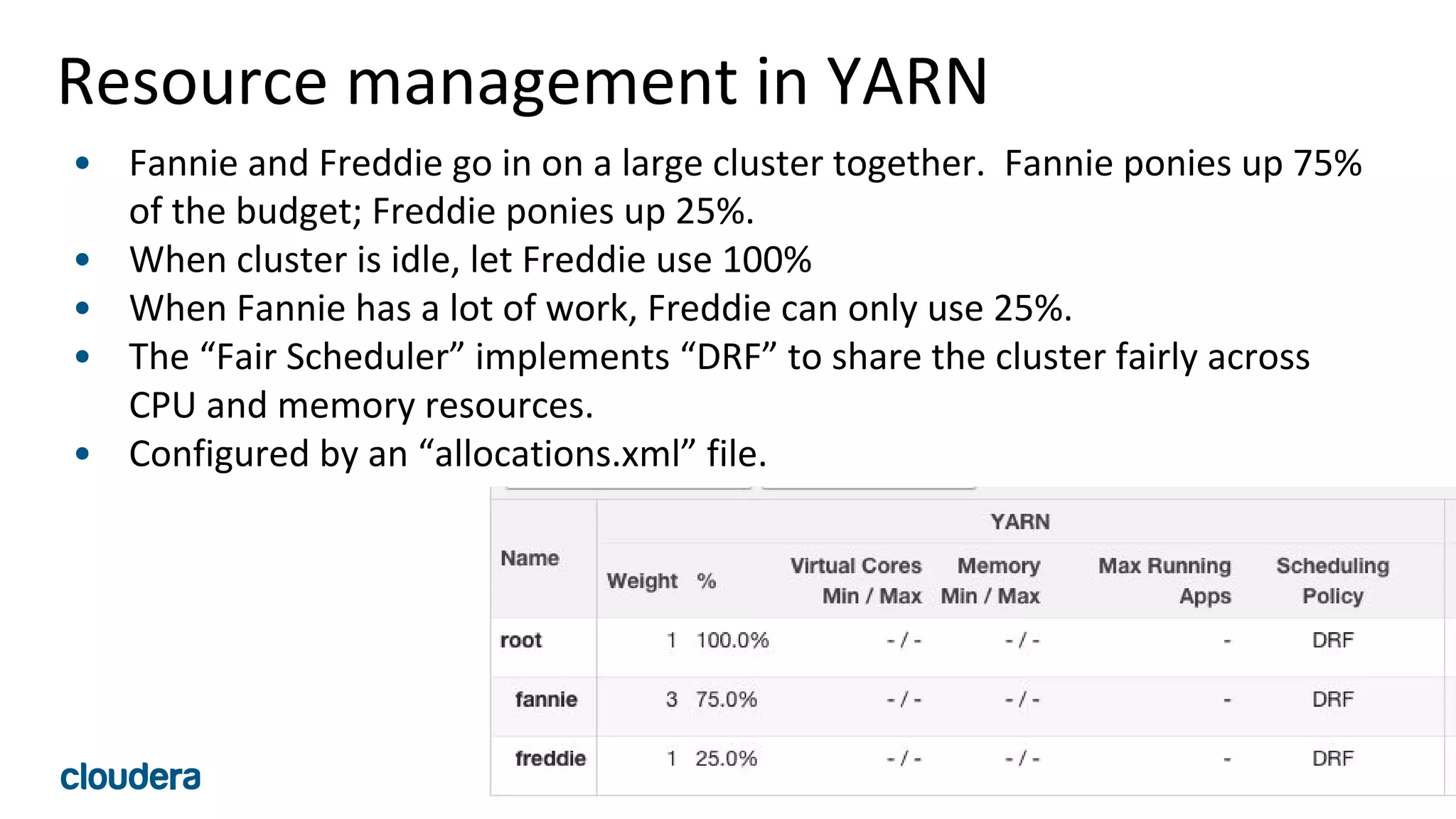75© Cloudera, Inc. All rights reserved.
Resource management in YARN
• Fannie and Freddie go in on a large cluster together. Fannie ponies up 75%
of the budget; Freddie ponies up 25%.
• When cluster is idle, let Freddie use 100%
• When Fannie has a lot of work, Freddie can only use 25%.
• The “Fair Scheduler” implements “DRF” to share the cluster fairly across
CPU and memory resources.
• Configured by an “allocations.xml” file.
 
