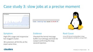 135© Cloudera, Inc. All rights reserved.
Case study 3: slow jobs at a precise moment
High CPU usage and responsive
but sluggish cluster.
30 customers all hit this at the
exact same time.
Checked the kernel message
buffer (run dmesg) and look for
output confirming the leap
second injection.
Linux OS kernel mishandled a leap
second added on 6/30/12 at 5pm PDT.
Symptom Evidence Root Cause
 