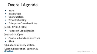 4© Cloudera, Inc. All rights reserved.
Overall Agenda
• Intro
• Installation
• Configuration
• Troubleshooting
• Enterprise Considerations
(lunch) 12:30-1:30pm
• Hands-on Lab Exercises
(break) 3-3:30pm
• Continue hands-on exercises
• AMA
Q&A at end of every section
(Opening Reception) 5pm @ 3E
 