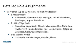 53© Cloudera, Inc. All rights reserved.
Detailed Role Assignments
• Very Small (Up to 10 workers, No High Availability)
• 1 Master Node
• NameNode, YARN Resource Manager, Job History Server,
ZooKeeper, Impala StateStore
• 1 Utility/Edge Node
• Secondary NameNode, Cloudera Manager, Hive Metastore,
HiveServer2, Impala Catalog, Hue, Oozie, Flume, Relational
Database, Gateway configurations
• 3-10 Worker Nodes
• DataNode, NodeManager, Impalad, Llama
 