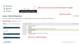 65© Cloudera, Inc. All rights reserved.
Step Three: at top-level, note that restart is needed
Step Four: review changes
Step five: restart
 