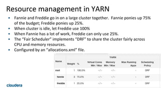 75© Cloudera, Inc. All rights reserved.
Resource management in YARN
• Fannie and Freddie go in on a large cluster together. Fannie ponies up 75%
of the budget; Freddie ponies up 25%.
• When cluster is idle, let Freddie use 100%
• When Fannie has a lot of work, Freddie can only use 25%.
• The “Fair Scheduler” implements “DRF” to share the cluster fairly across
CPU and memory resources.
• Configured by an “allocations.xml” file.
 