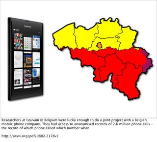 Researchers at Louvain in Belgium were lucky enough to do a joint project with a Belgian
mobile phone company. They had access to anonymised records of 2.6 million phone calls -
the record of which phone called which number when.

http://arxiv.org/pdf/0802.2178v2
 