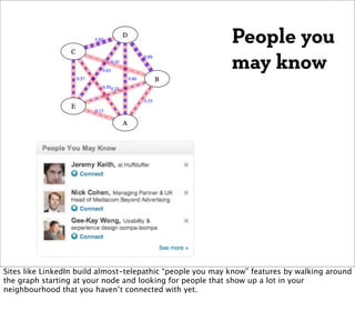 People you
                                                            may know




Sites like LinkedIn build almost-telepathic “people you may know” features by walking around
the graph starting at your node and looking for people that show up a lot in your
neighbourhood that you haven’t connected with yet.
 