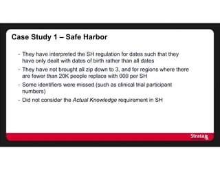 Case Study 1 – Safe Harbor
- They have interpreted the SH regulation for dates such that they
have only dealt with dates of birth rather than all dates
- They have not brought all zip down to 3, and for regions where there
are fewer than 20K people replace with 000 per SH
- Some identifiers were missed (such as clinical trial participant
numbers)
- Did not consider the Actual Knowledge requirement in SH
 