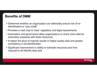 Benefits of DMM
 Determine whether an organization can defensibly ensure risk of re-
identification is “very small”
 Provides a road map to meet regulatory and legal requirements
 Automation and governance allow organizations to share more data for
secondary purposes with fewer resources
 A higher the level of maturity results in higher quality data and greater
consistency in de-identification
 Significant improvement in ability to estimate resources and time
required to de-identify data sets
 