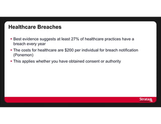 Healthcare Breaches
 Best evidence suggests at least 27% of healthcare practices have a
breach every year
 The costs for healthcare are $200 per individual for breach notification
(Ponemon)
 This applies whether you have obtained consent or authority
 
