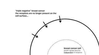 “triple negative” breast cancer
the receptors are no longer present on the
cell surface...




                                             breast cancer cell
                                             growth signals become
                                             independent of receptors
 
