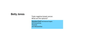Betty Jones
              Triple negative breast cancer.
              What are the options?
              Standard Stuff (Old Fashioned Targets)
              Anthracyclines
              Taxanes
              Anti-Metabolites
 