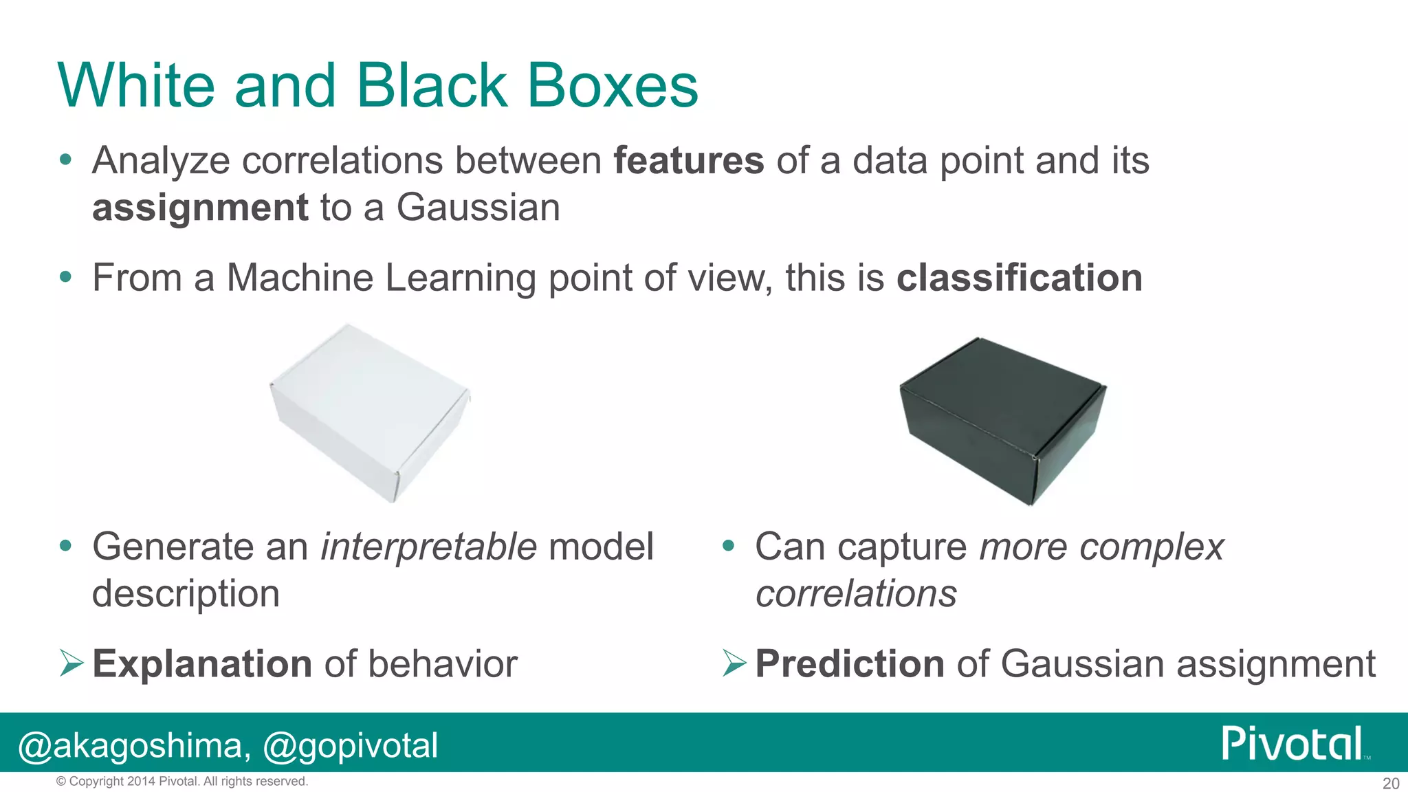 White and Black Boxes
!  Analyze correlations between features of a data point and its
assignment to a Gaussian
!  From a Machine Learning point of view, this is classification

!  Generate an interpretable model
description

!  Can capture more complex
correlations

" Explanation of behavior

" Prediction of Gaussian assignment

@akagoshima, @gopivotal
© Copyright 2014 Pivotal. All rights reserved.

20

 